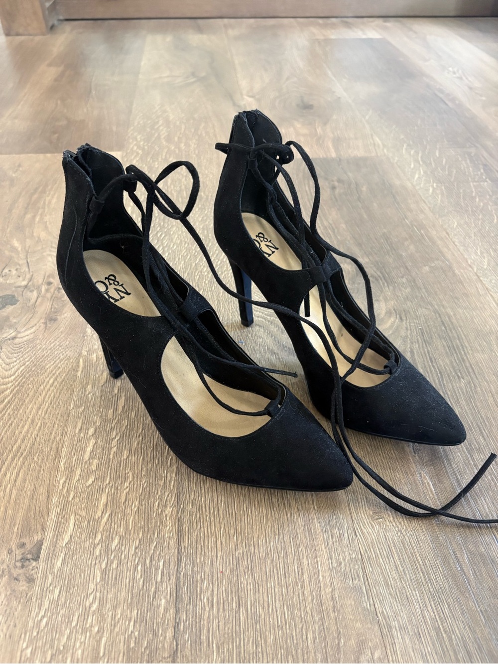 New York & Company Black Lace-Up Pointed Toe Heels